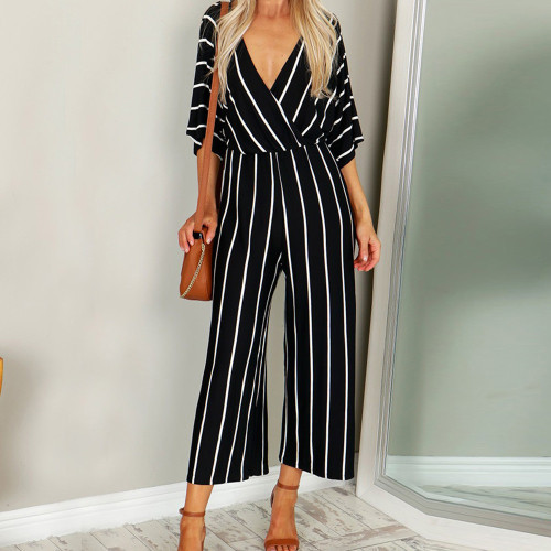 Overalls For Women Fashion summer Jumpsuit V-Neck Bodysuits Three Quarter Sleeve Striped Loose Jumpsuit Playsuit