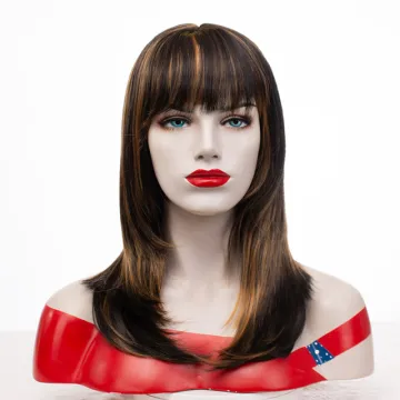 Wholesale heat resistant long natural  straight hair mix brown with golden wig with natural bangs synthetic hair wigs for women