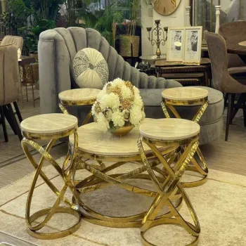 Modern 1+4 Marble Top Coffee Table with Golden Steel Legs for Living Room