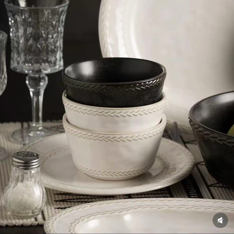 Elegant Black and White Ceramic Dinnerware with Textured Design