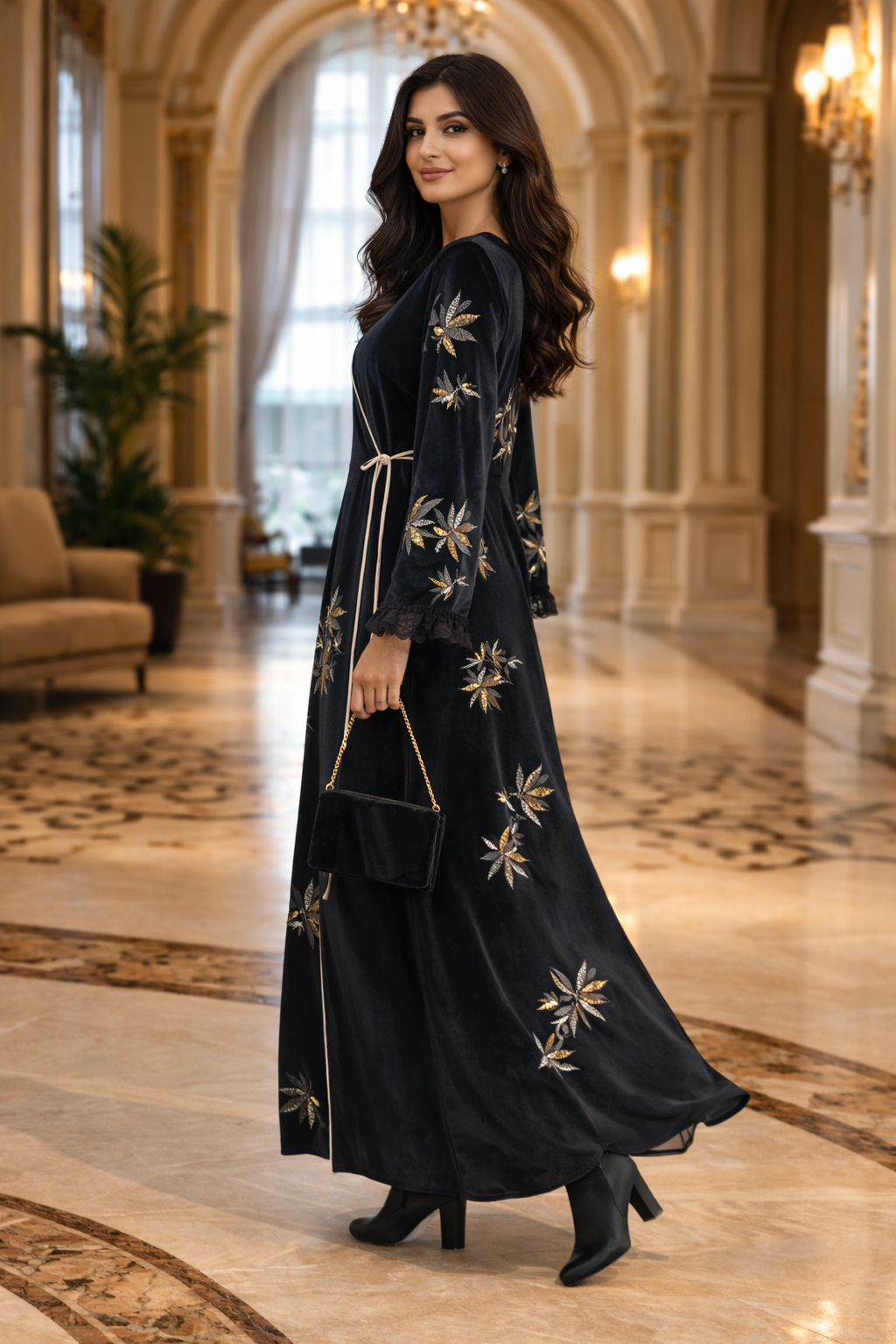 black bugle bead velvet leaf embroidered styling view