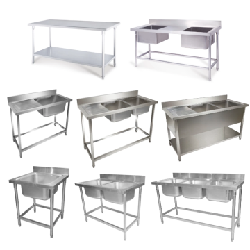 Fournisseurs de cuisine commerciale: 304 Éviers en acier inoxydable et tables de préparation avec des lavabos doubles et des stations de lavage