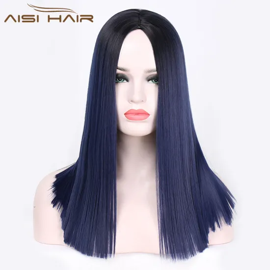 Aisi Hair Wholesale Middle Length Silky Straight Ombre Dark Blue Color Wig Afro Synthetic Cosplay Wigs For Black Women