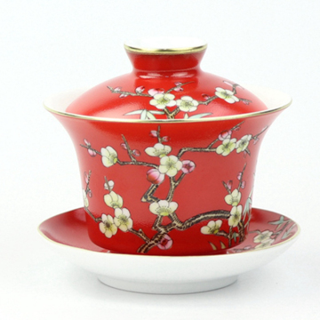 Rzou03 Gaiwan in ceramica di fiore rosso dipinto a mano