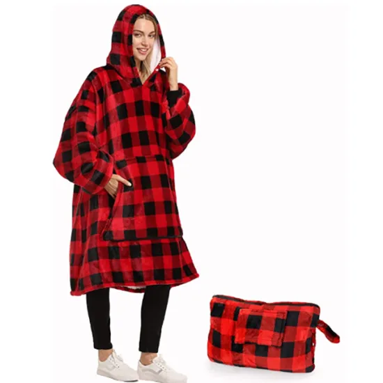 Outdoor warm sweatshirt flannel plush fleece sherpa sleeves super soft adult hoodie blanket  2 in 1 pillow