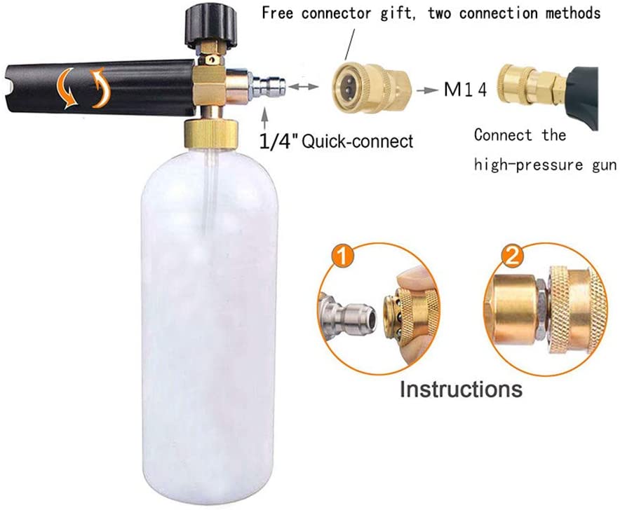 Snow Foam Lance Car Waschenschaum Waffe Messing Verstellbares Kanonensprühgerät 1L Seifenschaumflasche für Druckscheiben (Schaumflasche)