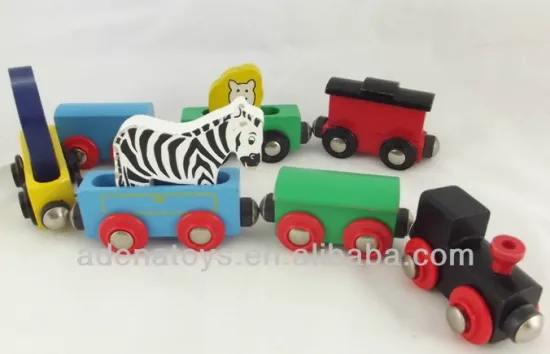wooden toy train set with magnetic couplings