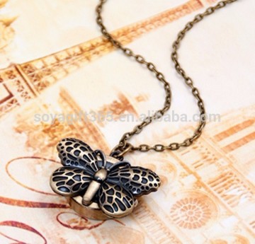 Vintage Cartoon Butterfly Pocket Watch Long Chain Sweater Necklace