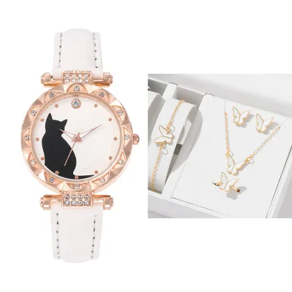 New Pop Female Fashion Watch Set: Simple Design, Kitten Theme Quartz Watch