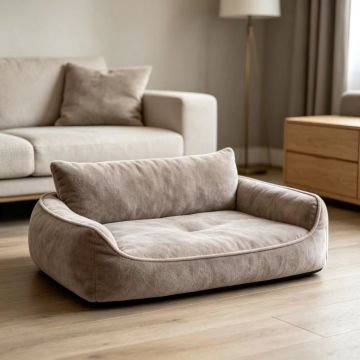 Square Bolster Dog Bed, Minimalist European Style Pet Sofa Bed, Soft Short Velvet Upholstered Pet Couch Bed with Raised Rim, Non