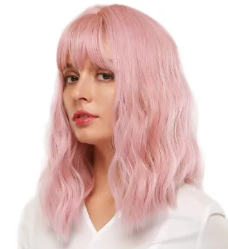 wholesales Pink  Short Loose Body Wave Wavy Hair Wig With Bangs shoulder length Wavy Synthetic Wigs For African Black Women