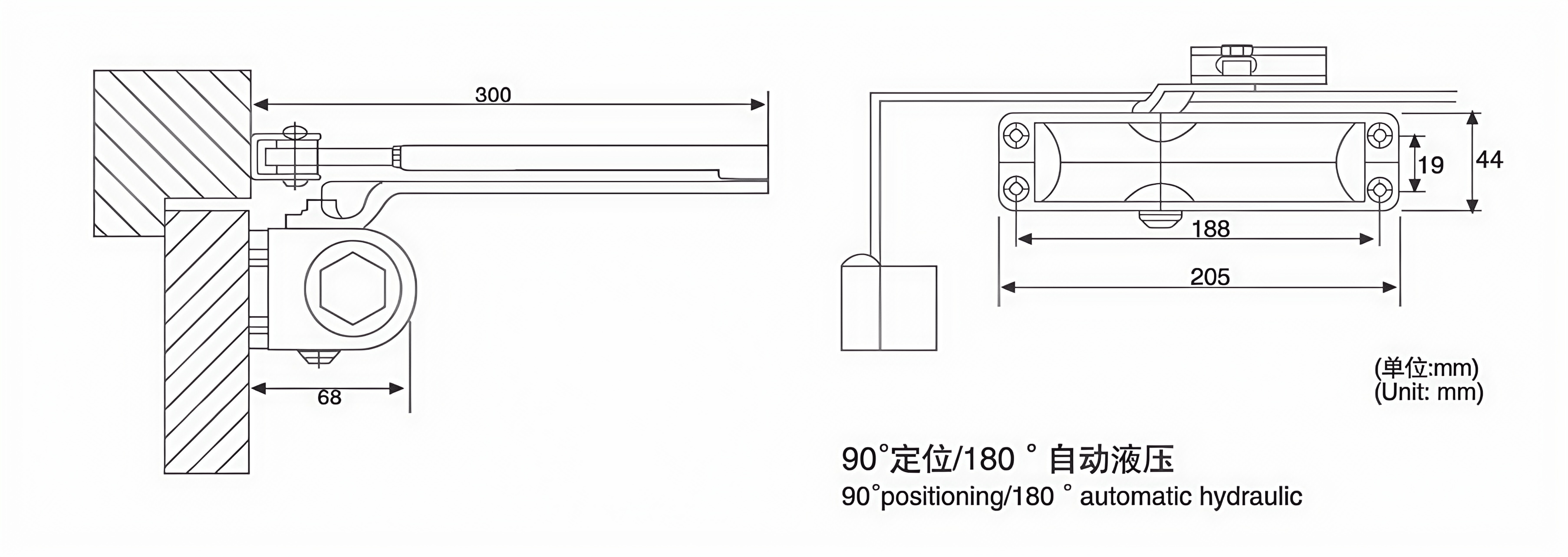 Door closer dimensional drawing and mounting layout