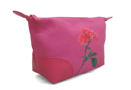 Pink flower printed zipper pouch canvas makeup bag cosemtic