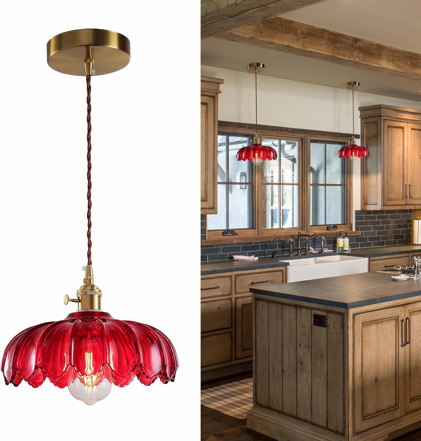 Red galss shade dining room LED pendant lamp