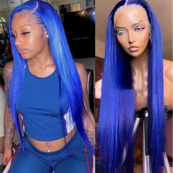 women natural blue colored lace closure human hair wigs, pre plucked straight blue color human hair lace front wig