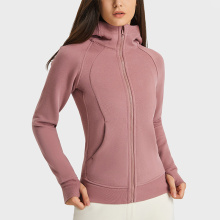 Kvinnors fleece atletiska jackor med thumh hålhoodie