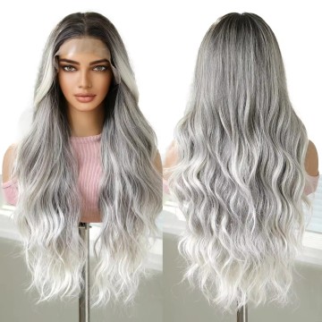 Gradient Gray Mixed White w/ Black Roots 13x6 Synthetic Lace Front Wigs Body Wave HD Lace Heat Resistant