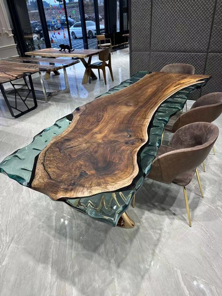 Modern Furniture Direct Solid Walnut Wood Cafe Coffee Kitchen Restaurant River Dining Table Epoxy Resin Slab