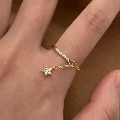 New Hypoallergenic 18k Gold Plated Cz Star Tassel Ring Jewelry for Women