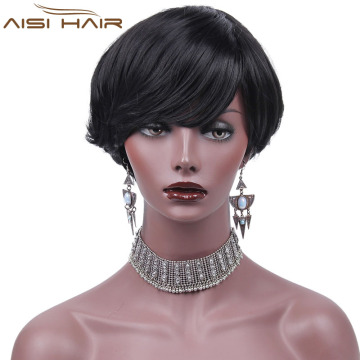 Synthetic Short Wavy Pixie Cut Wig With Bangs Natural Black Color Heat Resistant Fiber Wigs For African American Women