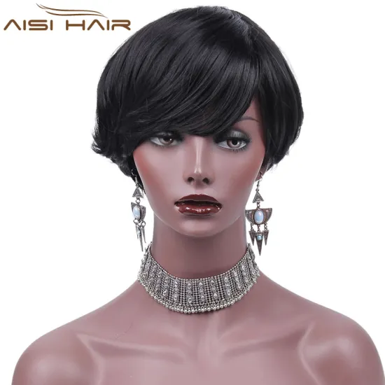 Synthetic Short Wavy Pixie Cut Wig With Bangs Natural Black Color Heat Resistant Fiber Wigs For African American Women