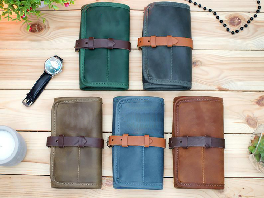 Handmade travel portable leather watch roll pouch bag