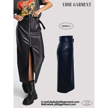 Black Faux Leather Belted Midi Skirt With Zip