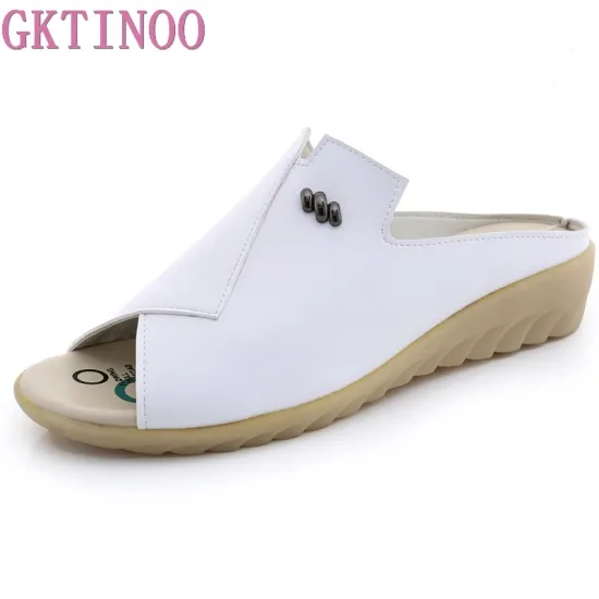 GKTINOO Women Slipper Flat Sandals Geunine Leather Peep toe Female Sandals Ladies Mules clogs Summer Shoes Big Size 34-43