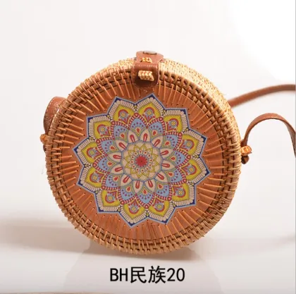 Woven Women's Round PU Leather Strap Bali Straw Embroidery Rattan Bag