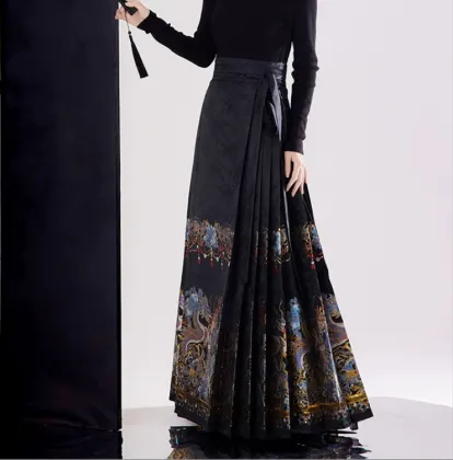 2024 Chinese Style Dian Cui Printed Horse Face Skirt Han Fu Pleated Half Skirt