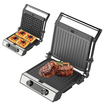 Digital Detachable Indoor Electric Panini Grill with 180 Degree Open Design and Temperature Control (160-230 Degrees), Includes Grill/Waffle Plates Options
