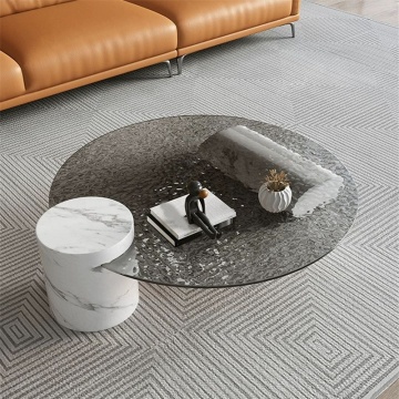 Round Glass Coffee Table with White Marble Base and Scratch-Resistant Tempered Glass