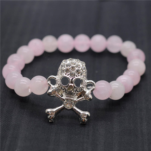 Pulsera de piedras preciosas elástica y cuentas redondas de cuarzo rosa de 8 mm con pieza de calavera de diamante