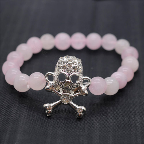 Rose Quartz 8MM Round Beads Stretch Gemstone Bracelet with Diamante Skull Piece