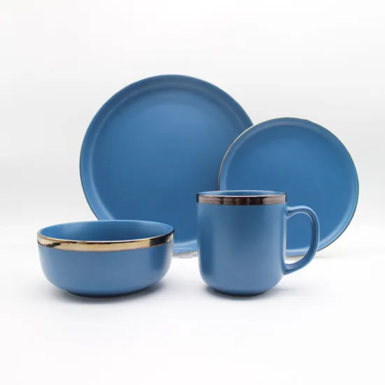 High Quality 16 Pcs Stoneware Blue Color Gold