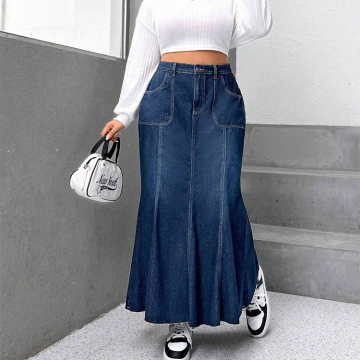 Plus Size Women's Denim Maxi Skirts: High Waist, Fishtail Hem, Mermaid Style, Party Casual with Pockets