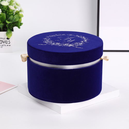 Custom Gold Logo Blue Velvet Round Boxen