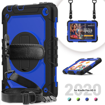 Silicone Hard Case with Shoulder Strap and Rotating Stand for Kindle Fire HD 8 2020 10th Gen with Built-in Screen Protector