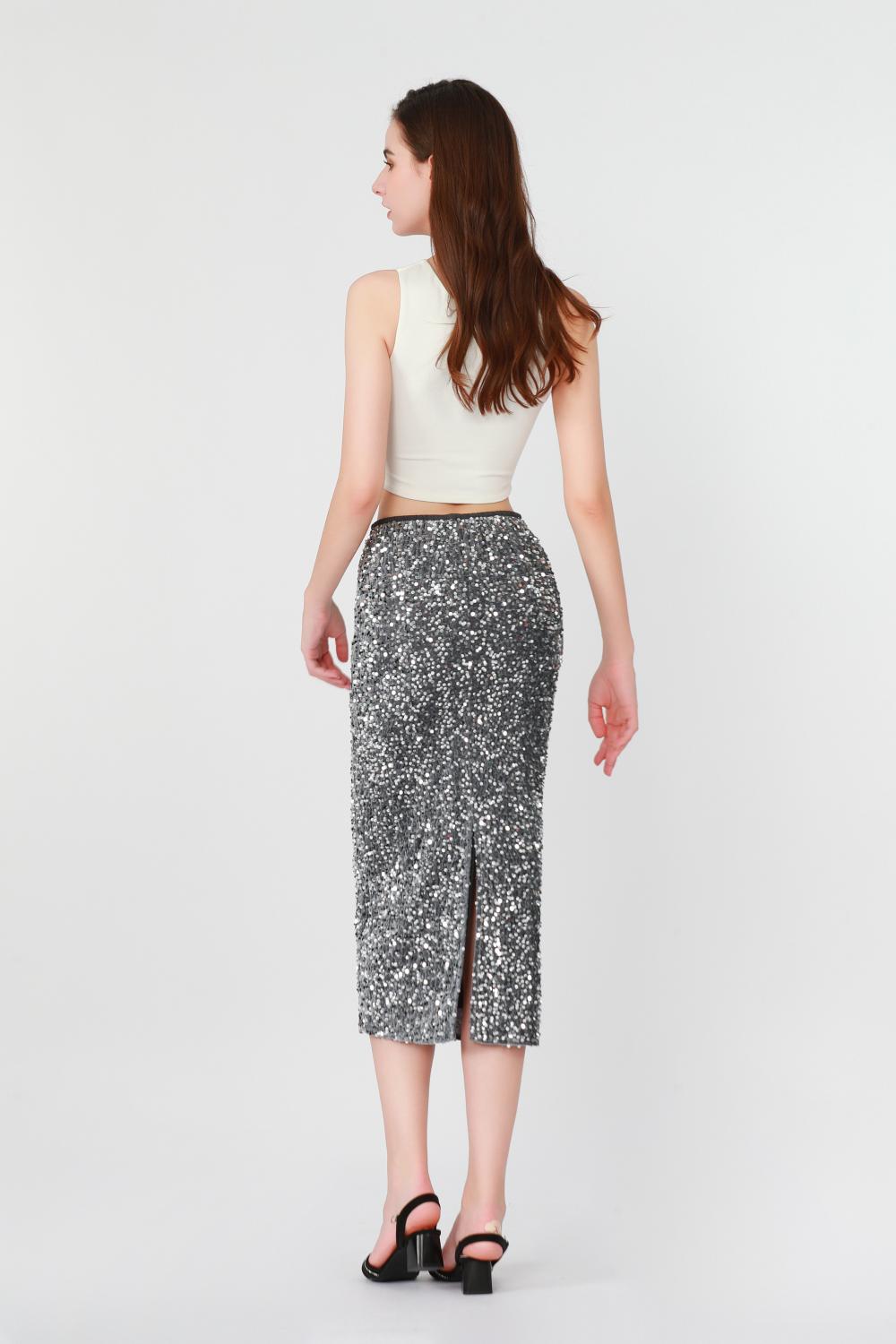 Sequined Slim Skirt, Slim Down Jacket