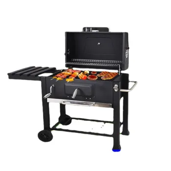 Outdoor Camping and Backyard BBQ Equipment: Including Portable Charcoal Grill, Black Iron Trolley, Weber Compact Electric Grill, and Parrilla Trolley