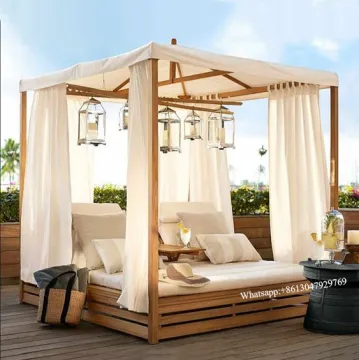 Teak Daybed Double Chaise Lounge with Canopy - High End Outdoor Garden Furniture