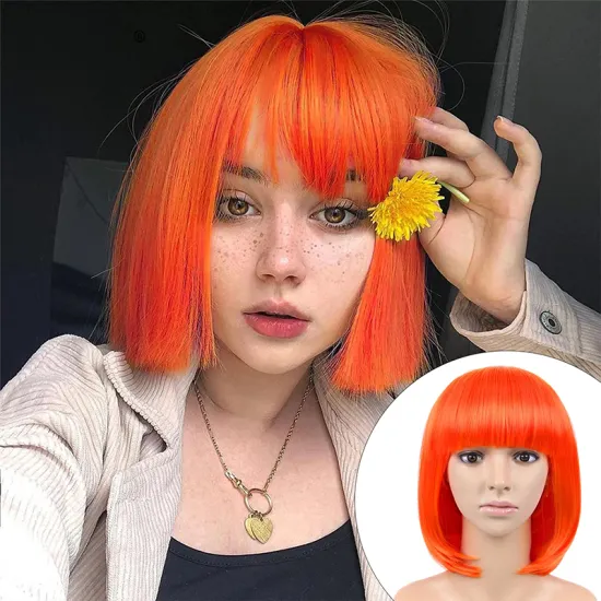 Anogol Cheap colorful  Synthetic hair Bob Wigs With Bangs  copper ginger orange  silk straight synthetic hair  wigs