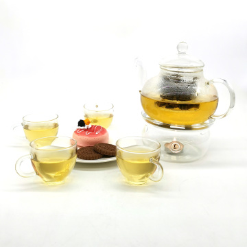 Tetera de vidrio de borosilicato de proveedor de porcelana y copa con calentador y colador