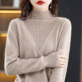 French patchwork cut-out semi-wool turtleneck top