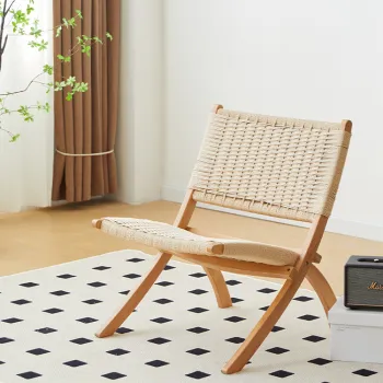 Modern Wooden Rope Reclining Chaise Lounge: Ideal Outdoor and Indoor Leisure Furniture for Home, Farmhouse, Office, or Garden