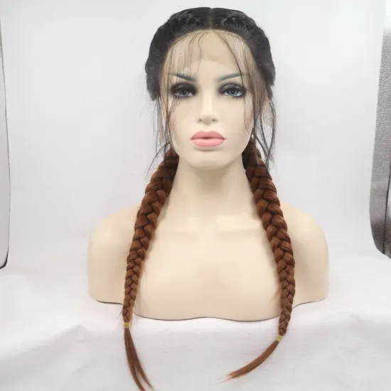 Long straight ombre black brown cheap wholesale high quailty heat resistant synthetic jumbo braided wig with lace front