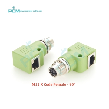 नेटवर्क फ़ीड एडाप्टर: M12 X कोडेड 8 पिन महिला को RJ45 कोण CAT6A और CAT5 कनेक्टर से