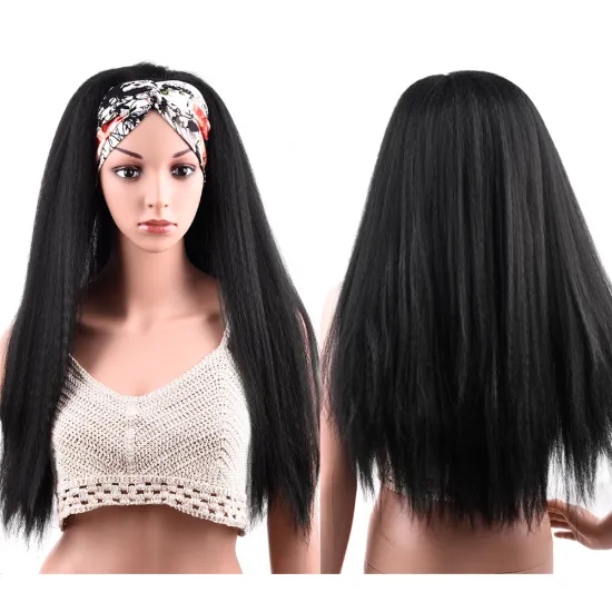 Black Red 24 Inch Chic Style Kinky Straight Hair Headband Wig With Pre-attached Scarf Synthetic Yaki Straight Headband Wigs
