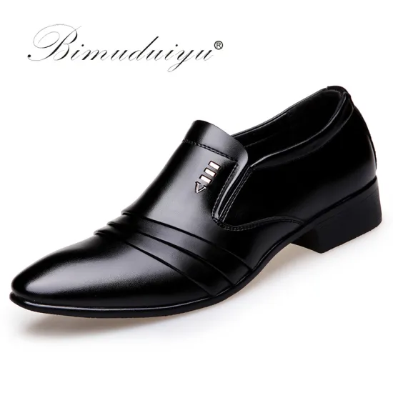 BIMUDUIYU brand PU Leather Fashion Men Business Dress Loafers Pointy Black Shoes Oxford Breathable Formal Wedding Shoes
