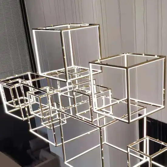 Geometric Square Steel Light Gold Chandeliers for High Ceilings - Customizable Pendant Lights